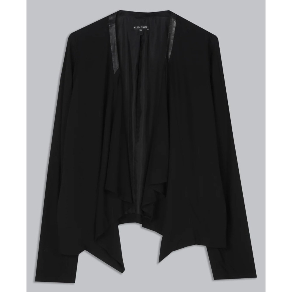 Eileen Fisher Georgette Crepe Jacket Womens Large Black Silk Leather Sustainable